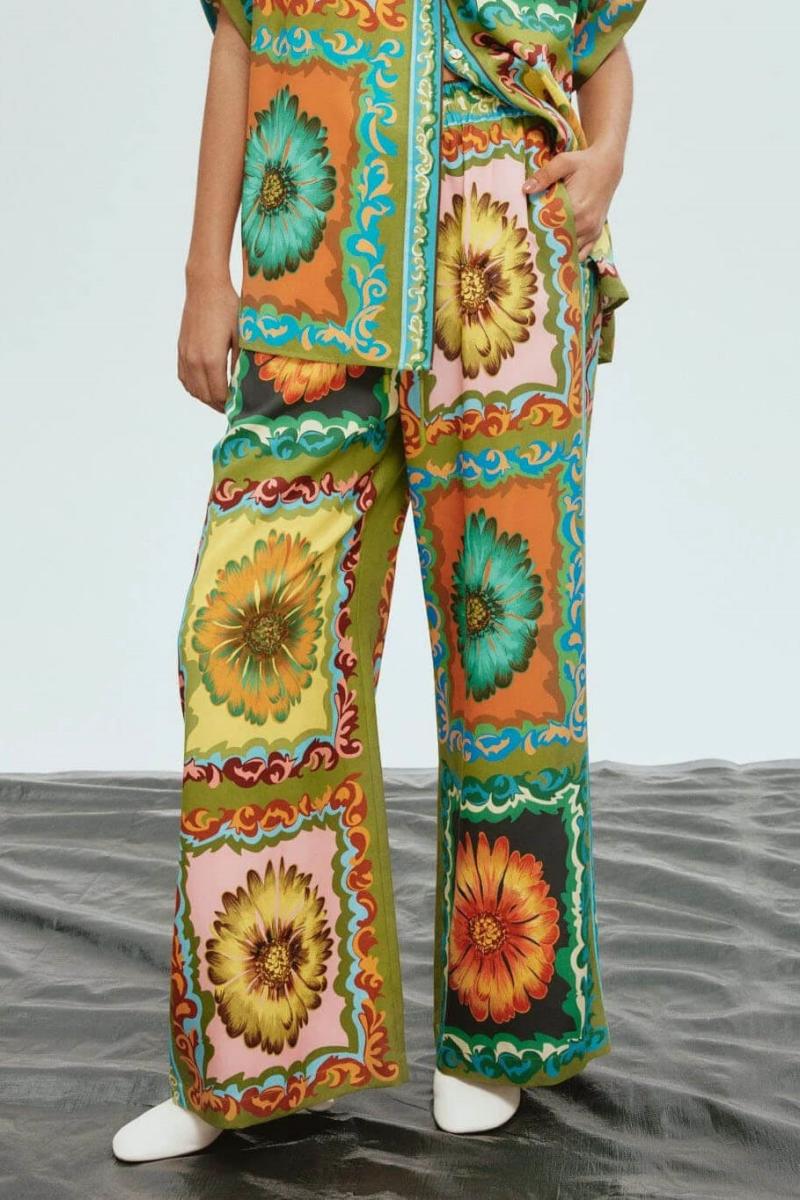 Distinctive Sunflower Print Wide-Leg Trousers-Set