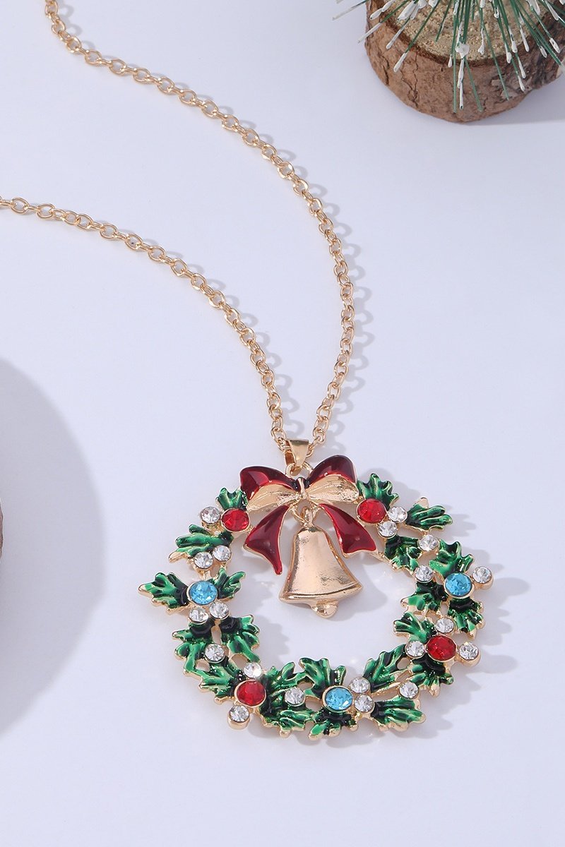 Statement Christmas Wreath Bell Pendant Necklace
