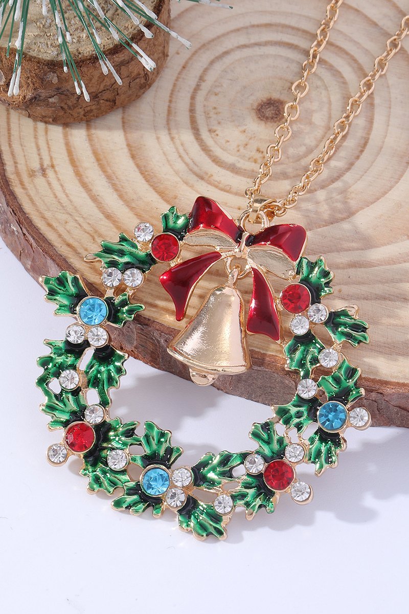 Statement Christmas Wreath Bell Pendant Necklace
