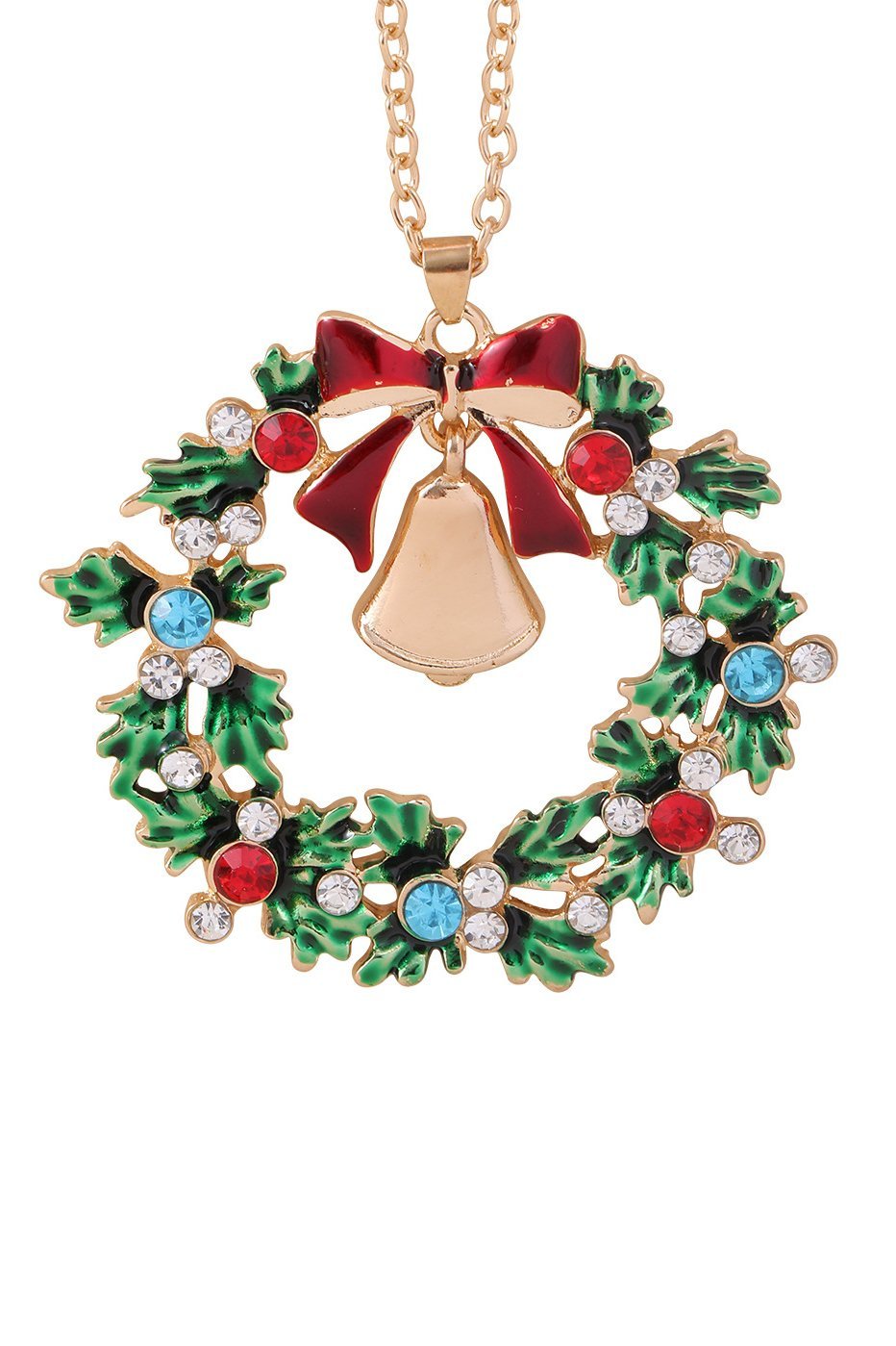 Statement Christmas Wreath Bell Pendant Necklace