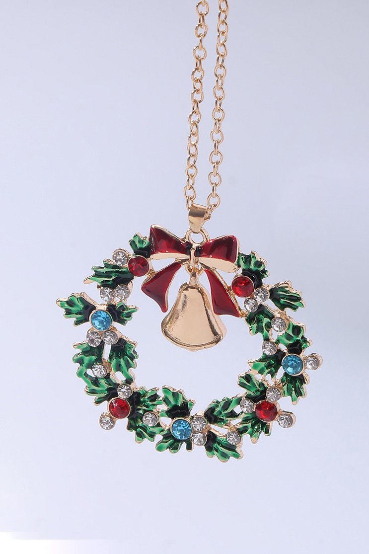 Statement Christmas Wreath Bell Pendant Necklace