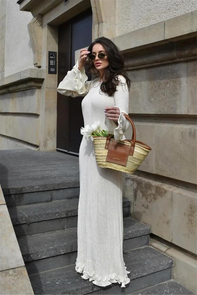 Clara Ruffled Long Sleeve Knit Maxi-Length Dress