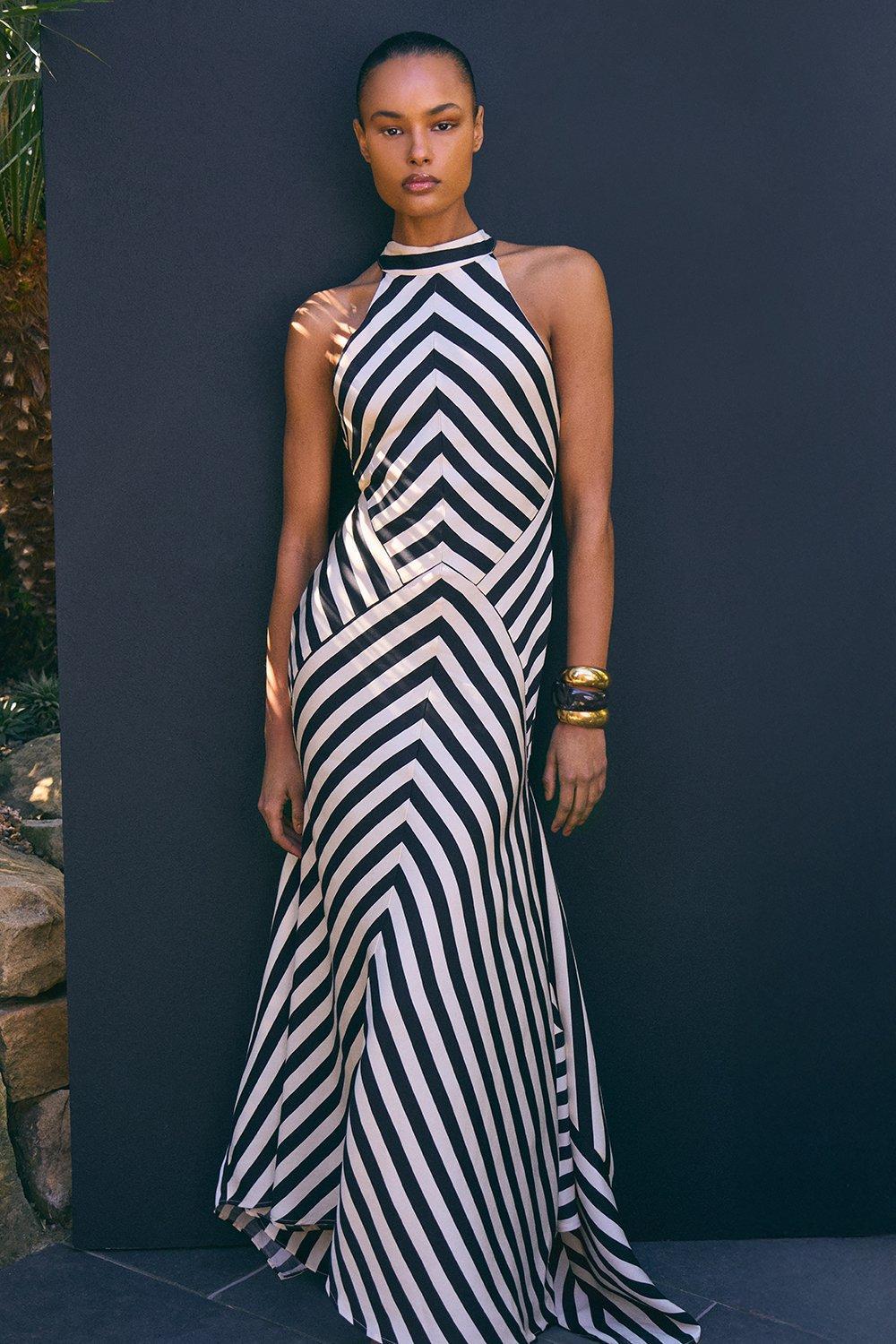 Modern Mono Fluid Stripe Maxi Halter Dress