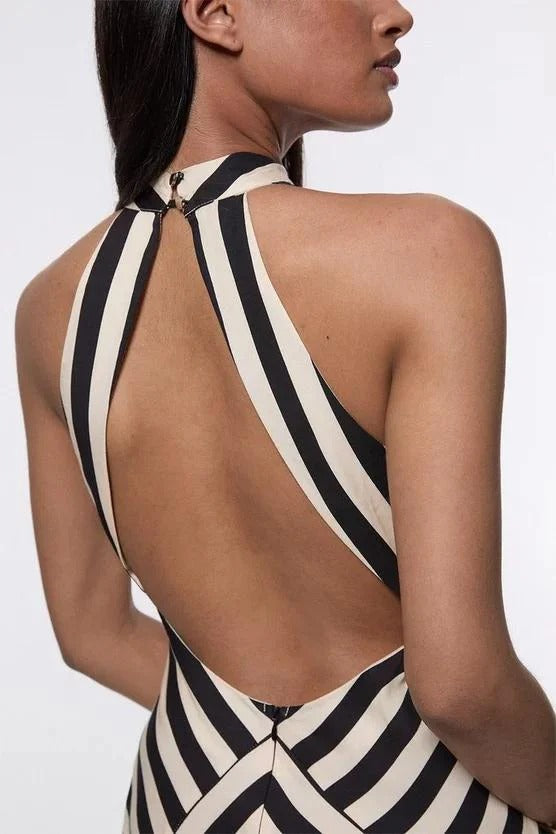 Modern Mono Fluid Stripe Maxi Halter Dress