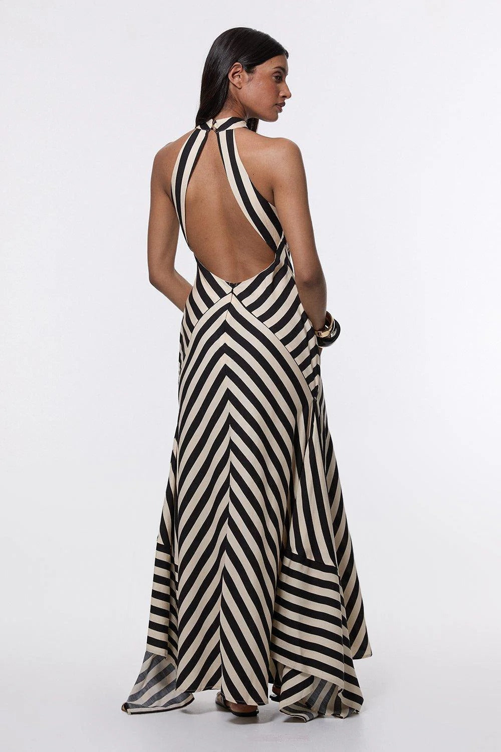 Modern Mono Fluid Stripe Maxi Halter Dress