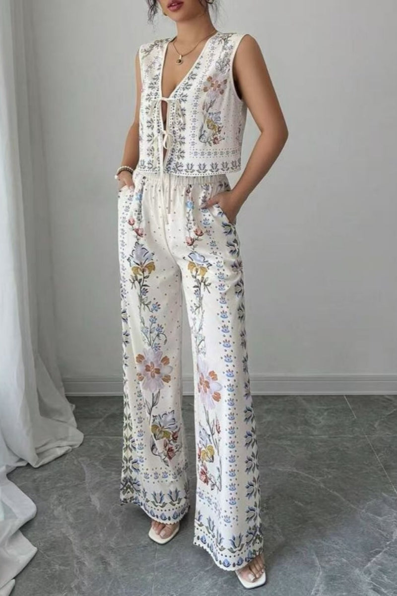 Tie-Up Vest & Wide-Leg Trousers Set - Sky Blue Print