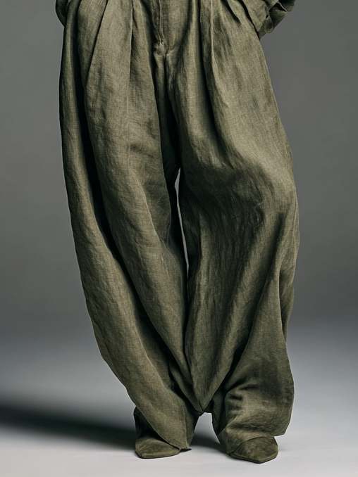 Women's Fashion Cotton And Linen Blended Long Sleeve Shirt Wide-Leg Trousers Two-Piece Set