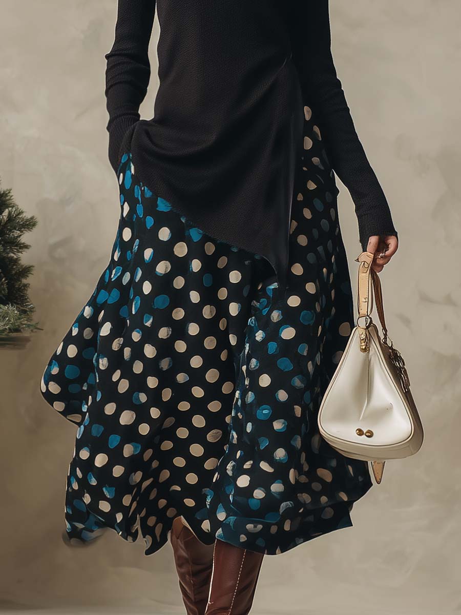 Refined Black High-neck Side-slit Knitted Top And Dark Blue Satin Polka Dot Patterned Skirt Set