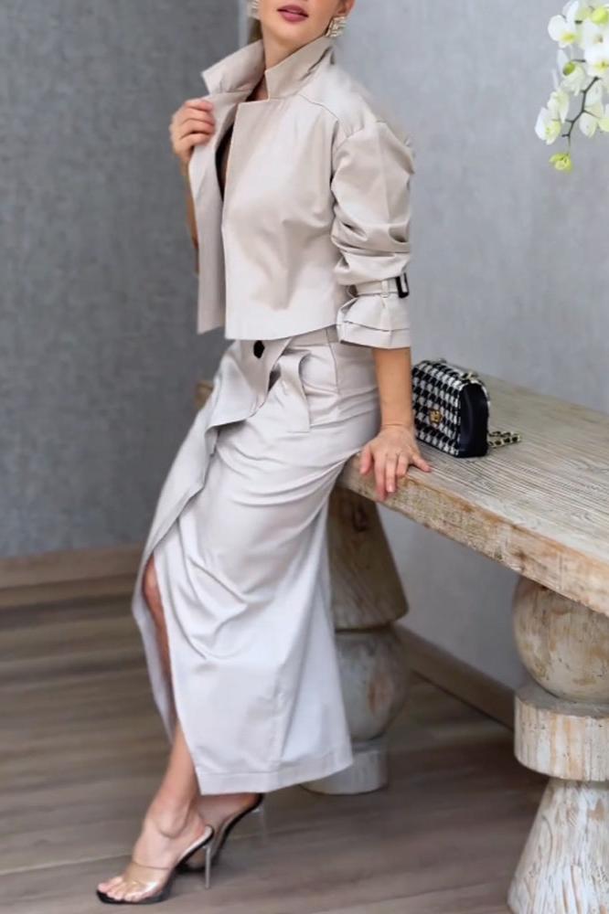 Coordinated Fashion Lapel Jacket & Split Skirt Two-Piece Set
