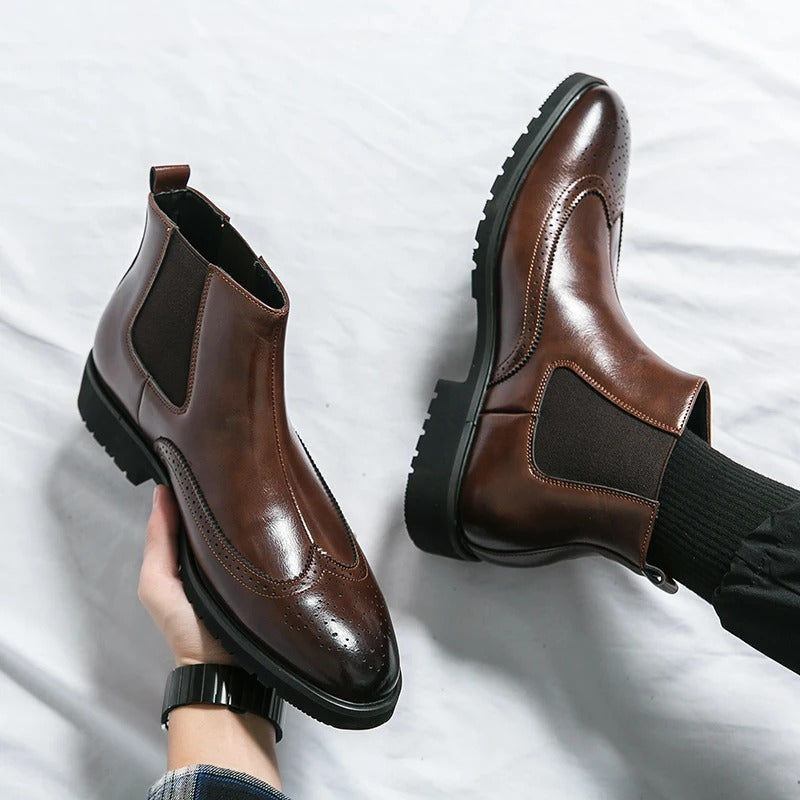 Leather Chelsea Boots with Brogue Detailing and Shock-Absorbing Sole