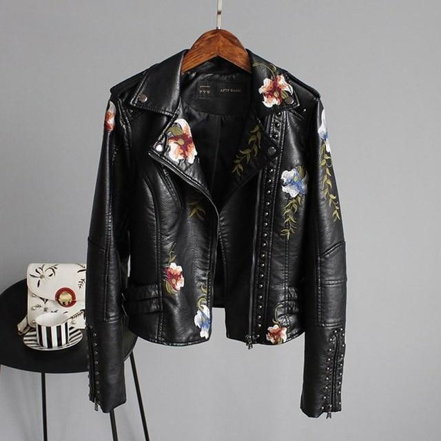 Leather Jacket with Floral Embroidery
