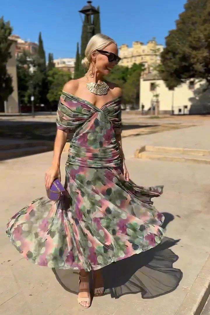 Refined V-Neck Fantasy Painted Flower Print Party Maxi-Length Dress