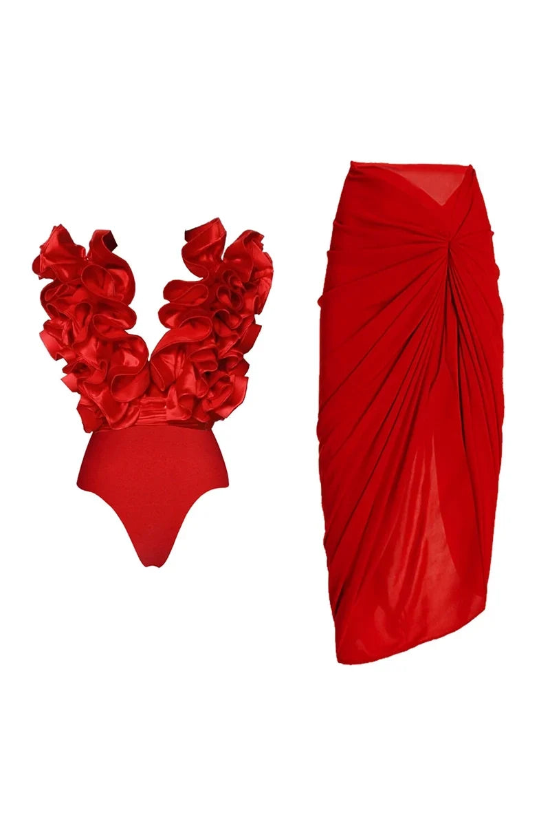 Lace Trim V-Neck Red Swimwear Set