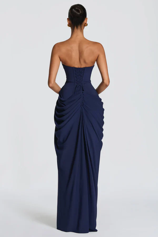 Corset Style Draped Navy Maxi-Length Dress