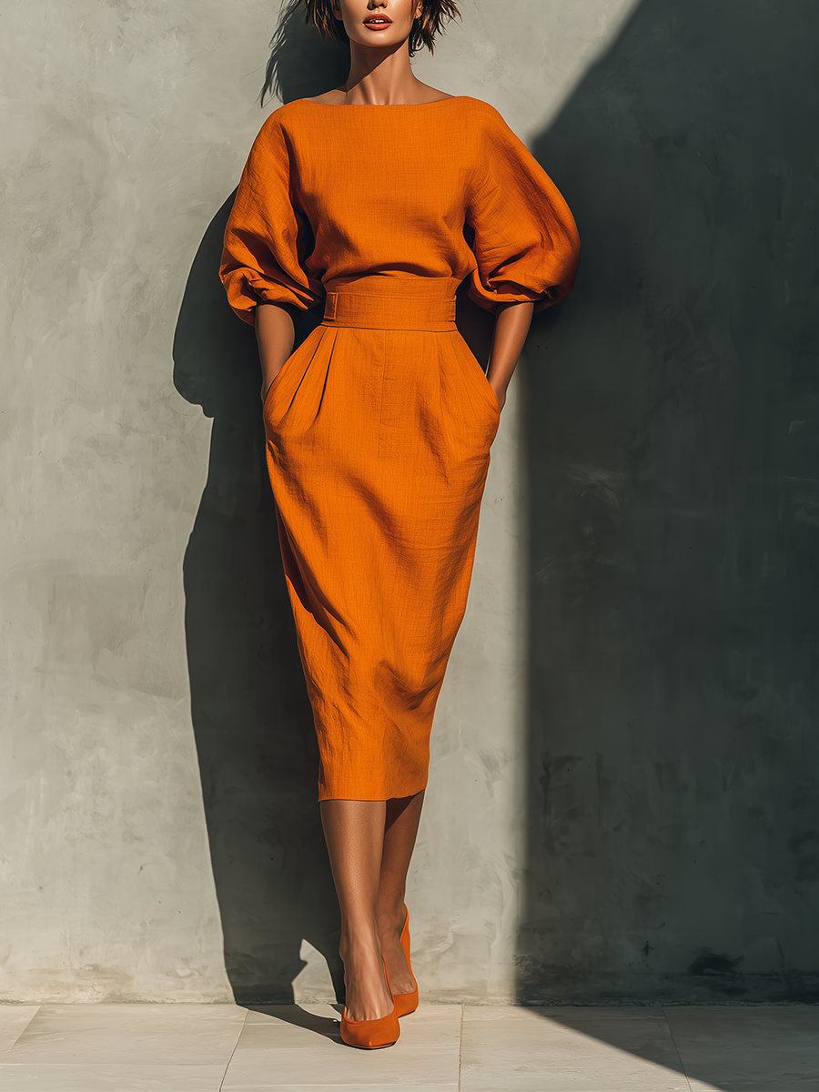 Coordinated Women's Orange Mid-sleeve Top And Midi Skirt Set