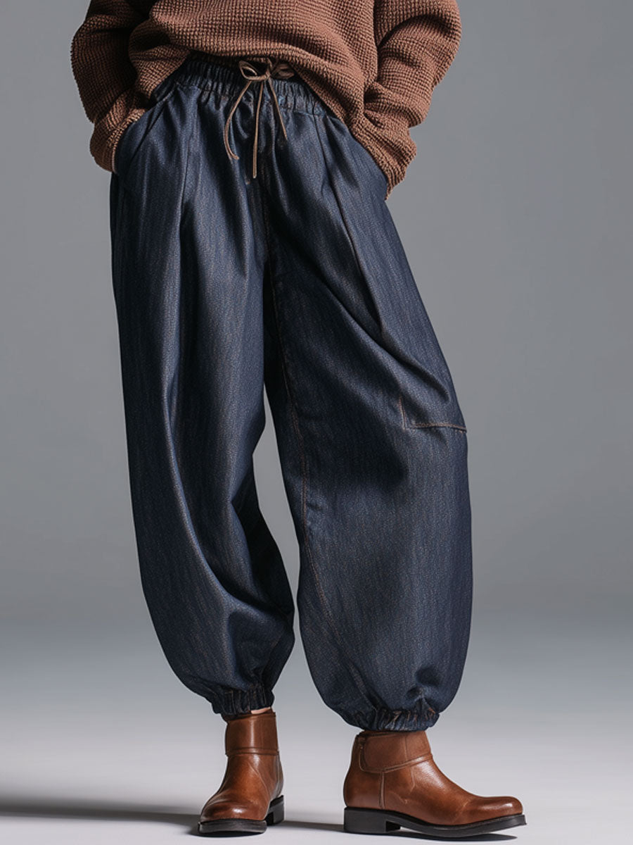 Modern Fashion Retro Elastic Waist Navy Blue Lantern Jeans