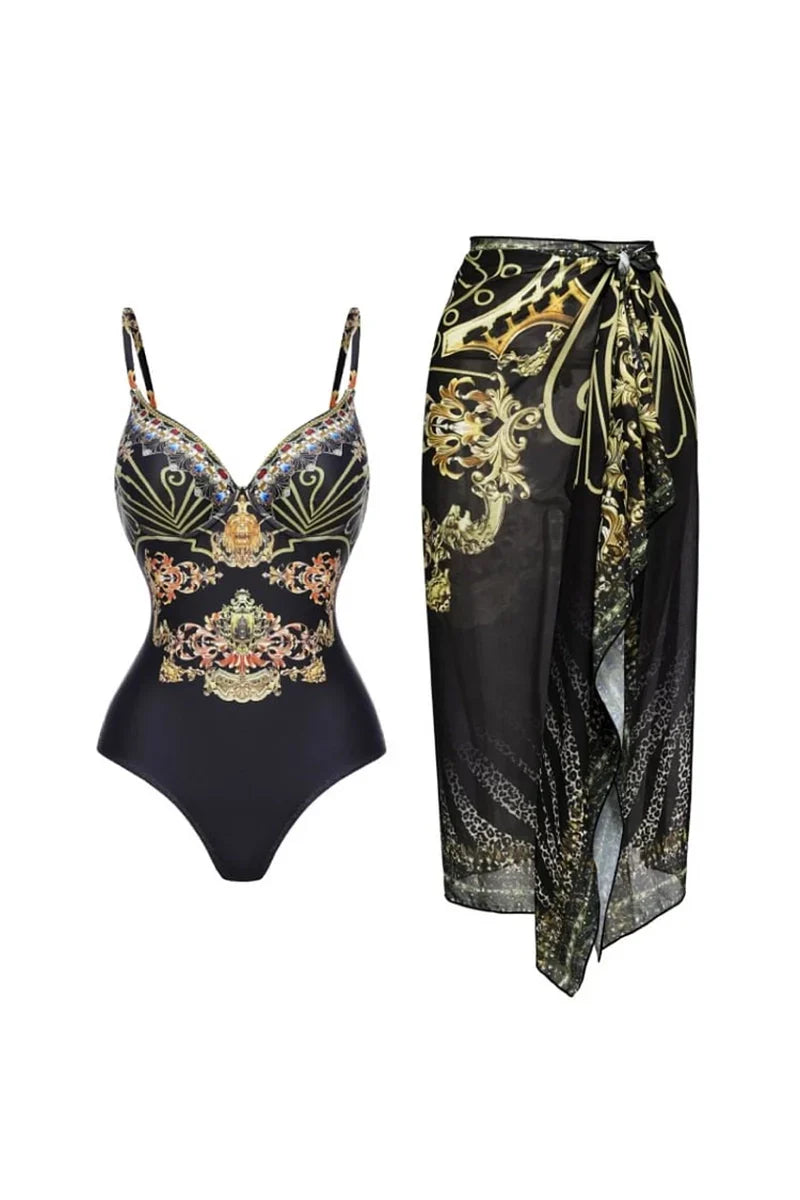 Modern Black Gold Print Strappy One Piece Swimsuit