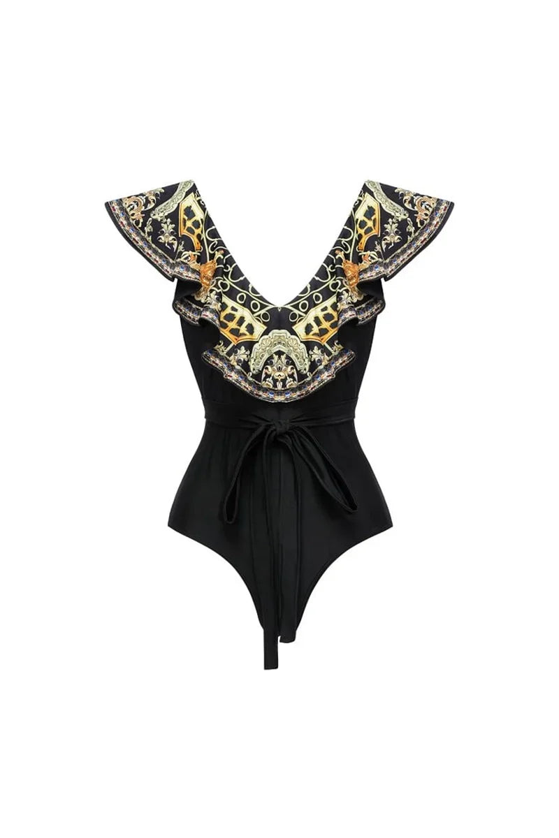 Black Gold Print Ruffled Tie Swimwear Set
