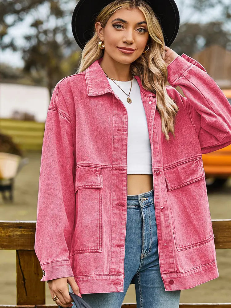 Oversized Denim Jacket with Button Closure and Pockets