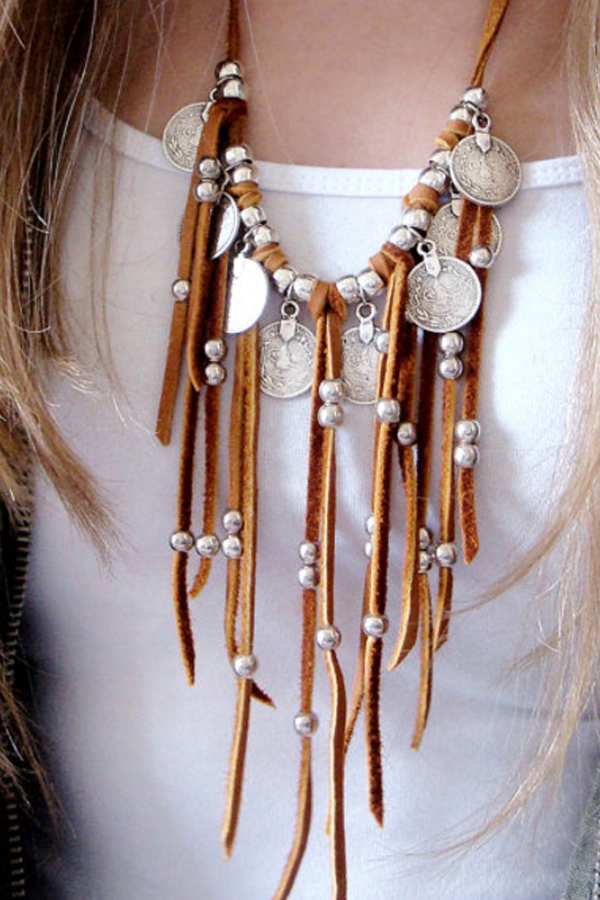 Boho Suede Coin Beaded Tassel Necklace