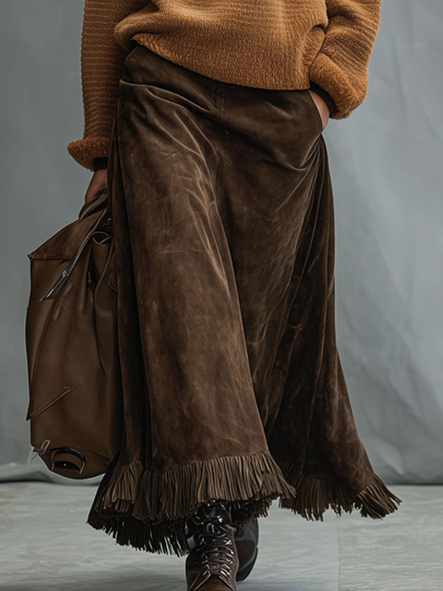 Relaxed Retro Cocoa Brown Faux Suede Tassel Skirt