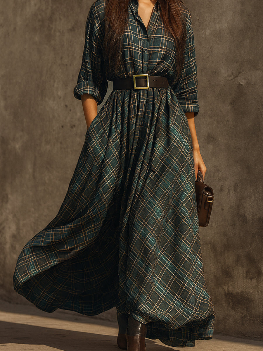 Retro Plaid Cotton-blend Single-breasted Maxi-Length Dress With Belt
