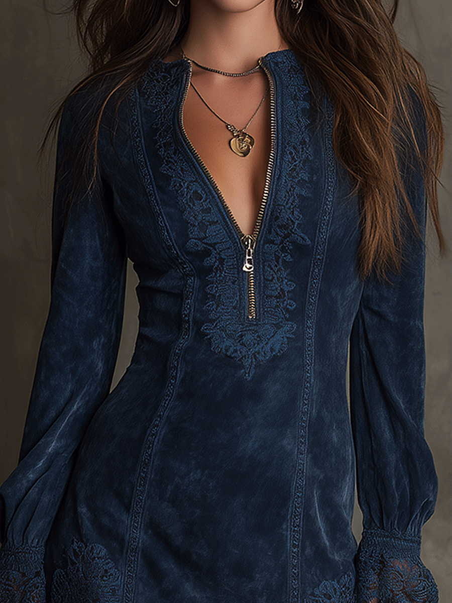Retro Blue Suede Lace Trim Mini-Length Dress