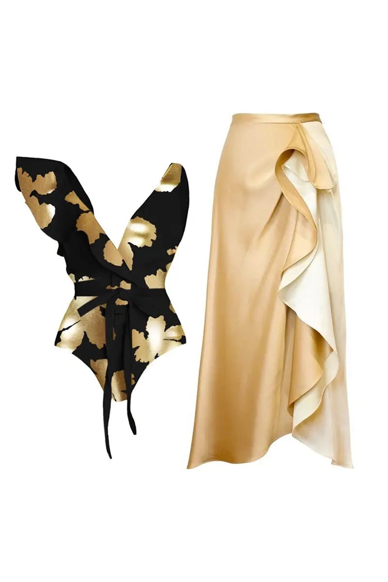 Foil Print Deep V Ruffled One Piece Swimsuit