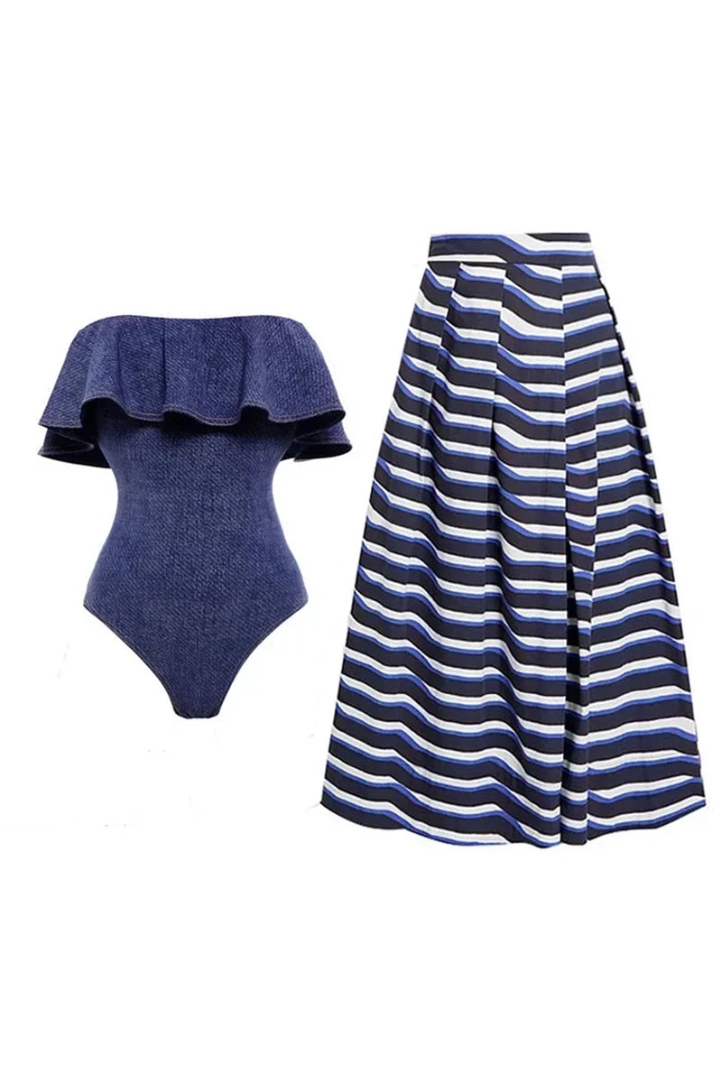 Denim Bandeau One Piece Swimwear Set