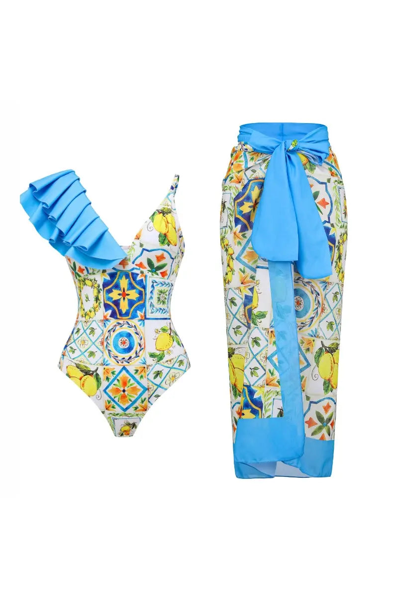 Lemon Print Open-Back One Piece Swimwear Set
