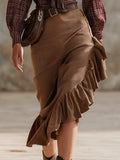 Retro Western Brown Corduroy Ruffled Bias-Cut Skirt