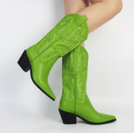 Modern Embroidered Pointed Toe Thick Heel Western Boots