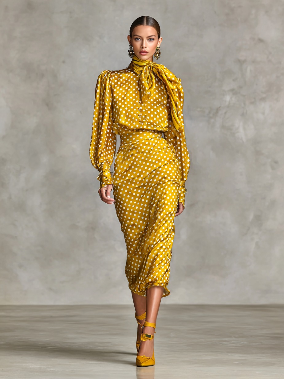 Women's Retro Satin Polka Dot Print Shirt And Skirt Two-Piece Set (Not including scarf)