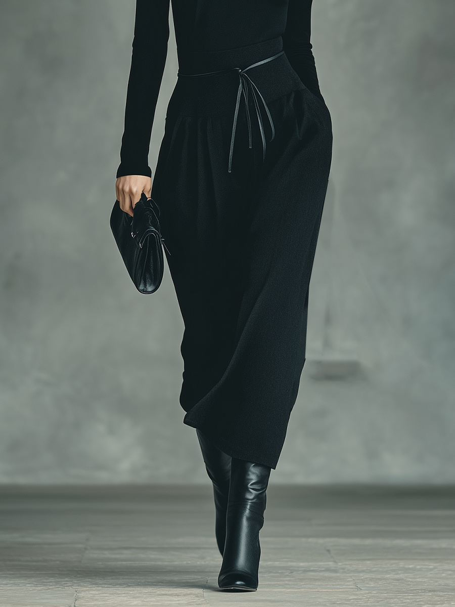 Coordinated Women's Black High-Stretch Knit Top And Cotton-Blended Skirt Set