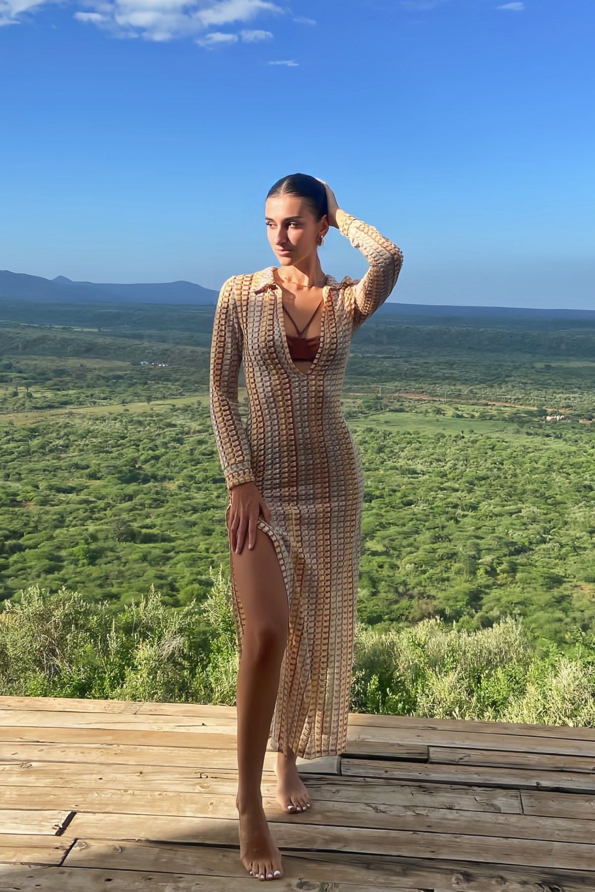 Dawn V-Neck Collared Crochet Maxi-Length Dress