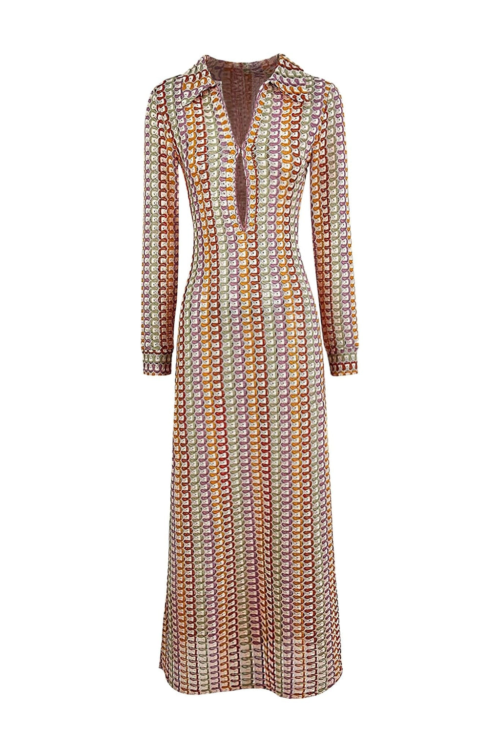 Dawn V-Neck Collared Crochet Maxi-Length Dress