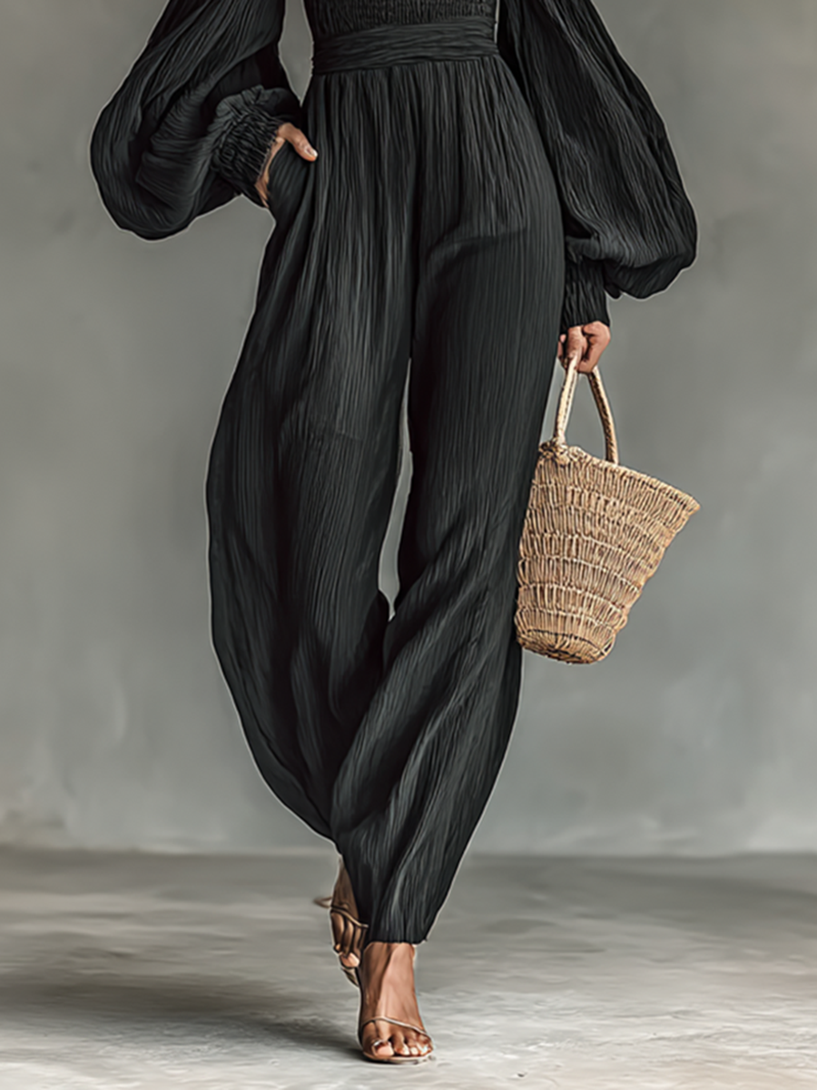 Modern Women's Off-the-shoulder Long-sleeved Pleated Fabric Jumpsuit