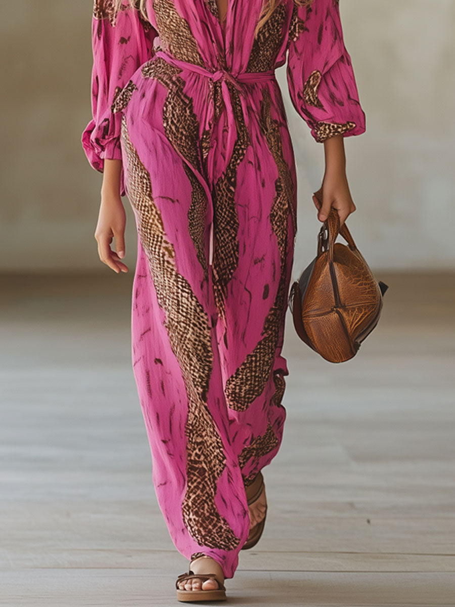 Relaxed Loose Rose Red Chiffon Leopard Print Long-Sleeved Jumpsuit