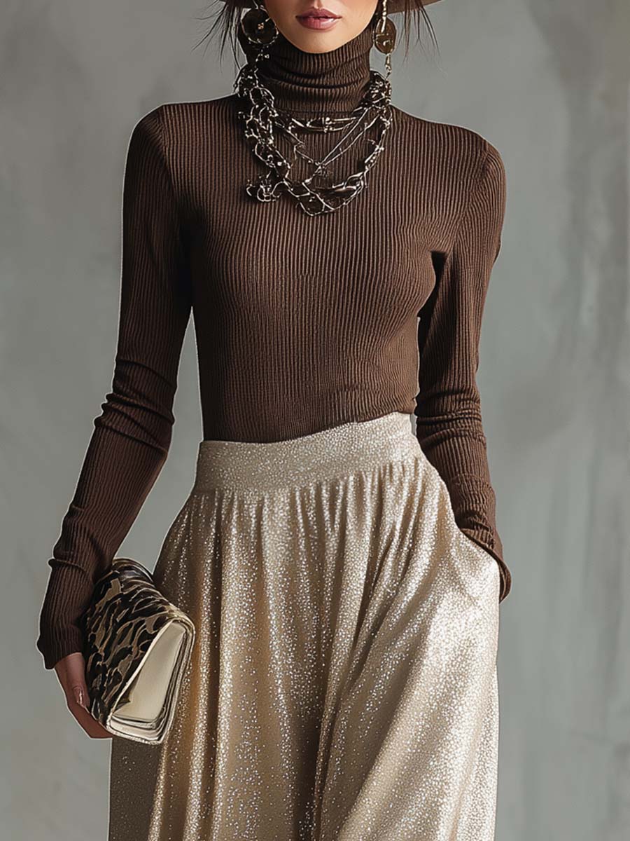 Refined And Fashionable Retro Brown High-neck Knitted Top And Shimmering Silver Skirt Set