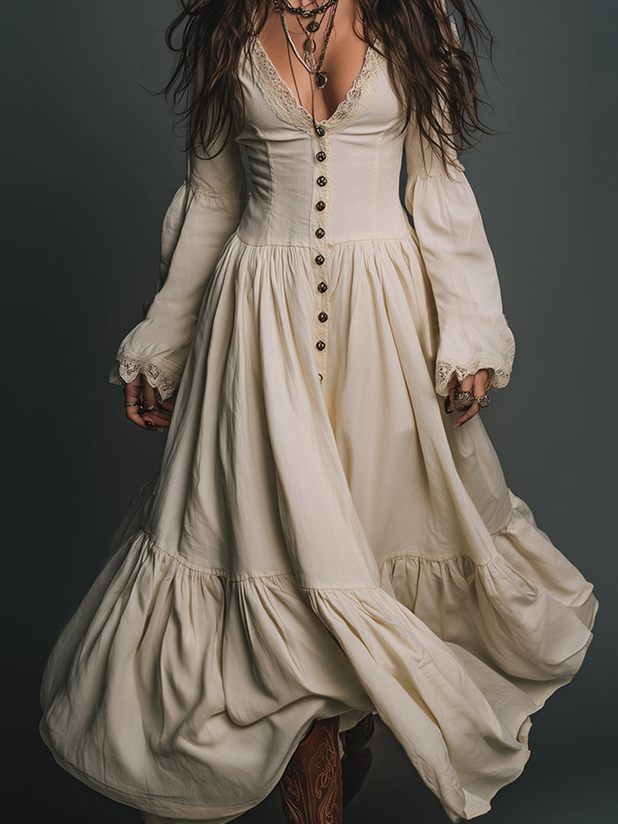 Refined Retro Lace Spliced single-breasted Cotton Maxi-Length Dress
