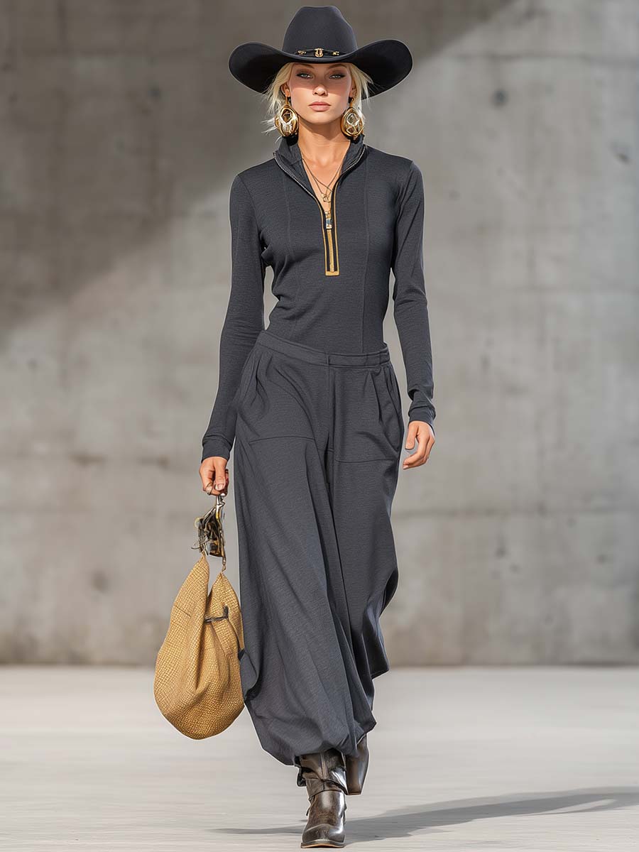 Relaxed Retro Sports Dark Gray Half-high Collar Front Zipper Long-sleeved Top And Wide Trousers Set