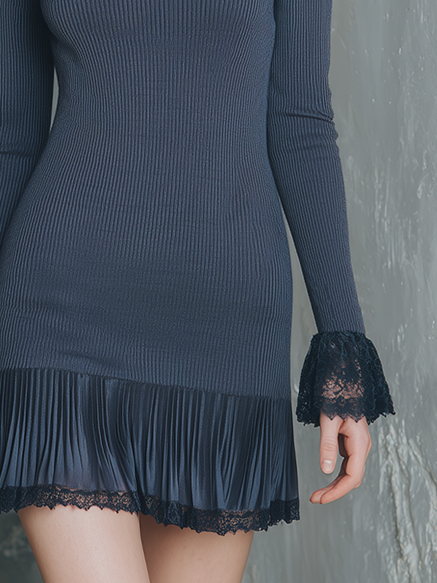 Retro High-neck Lace Cuffs And Pleated Hem Knitted Mini-Length Dress