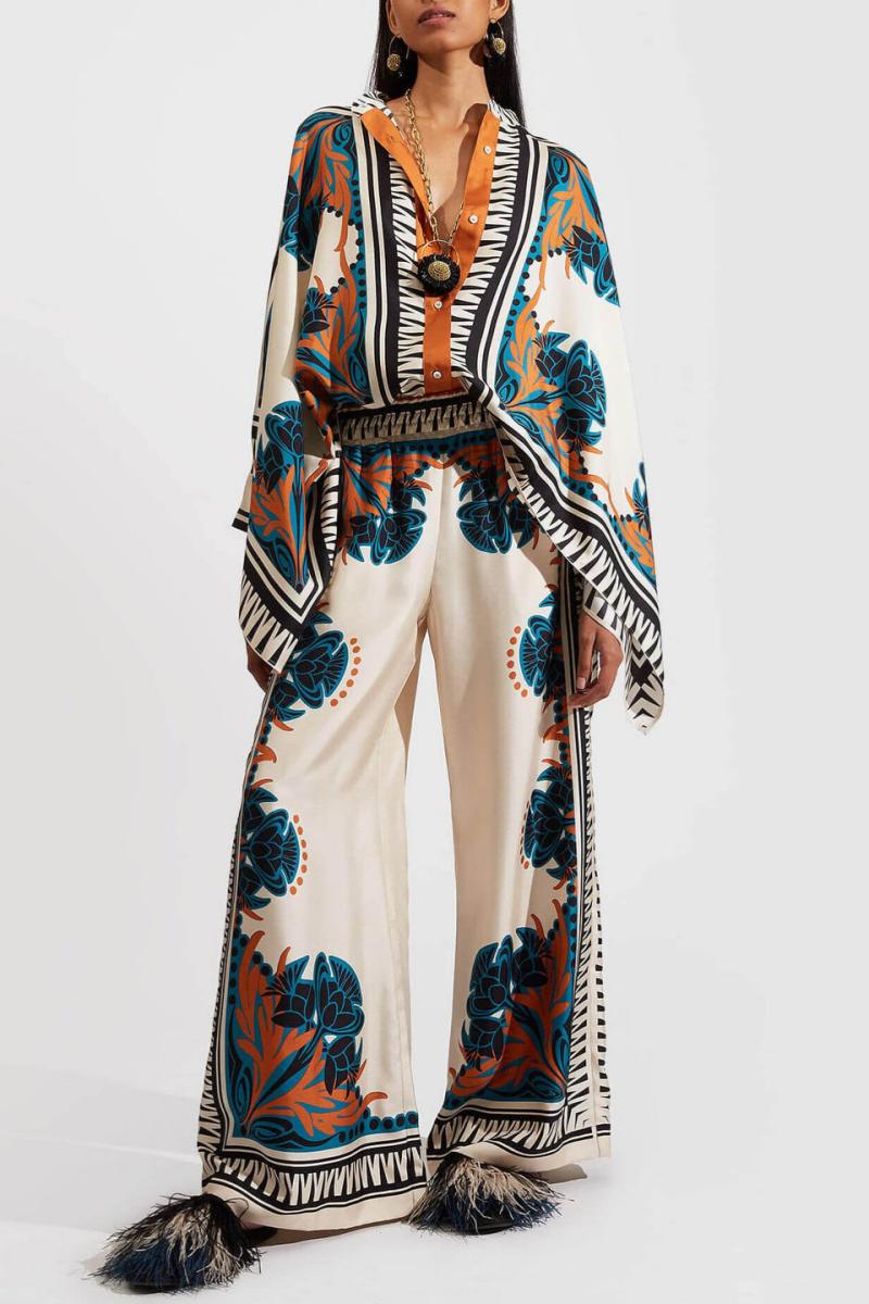 Fine Satin Flower Print Batwing Sleeve Trousers Set - Orange