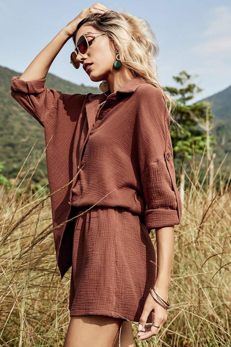 Fashion Relaxed Cotton Linen Suit Shirt Shorts