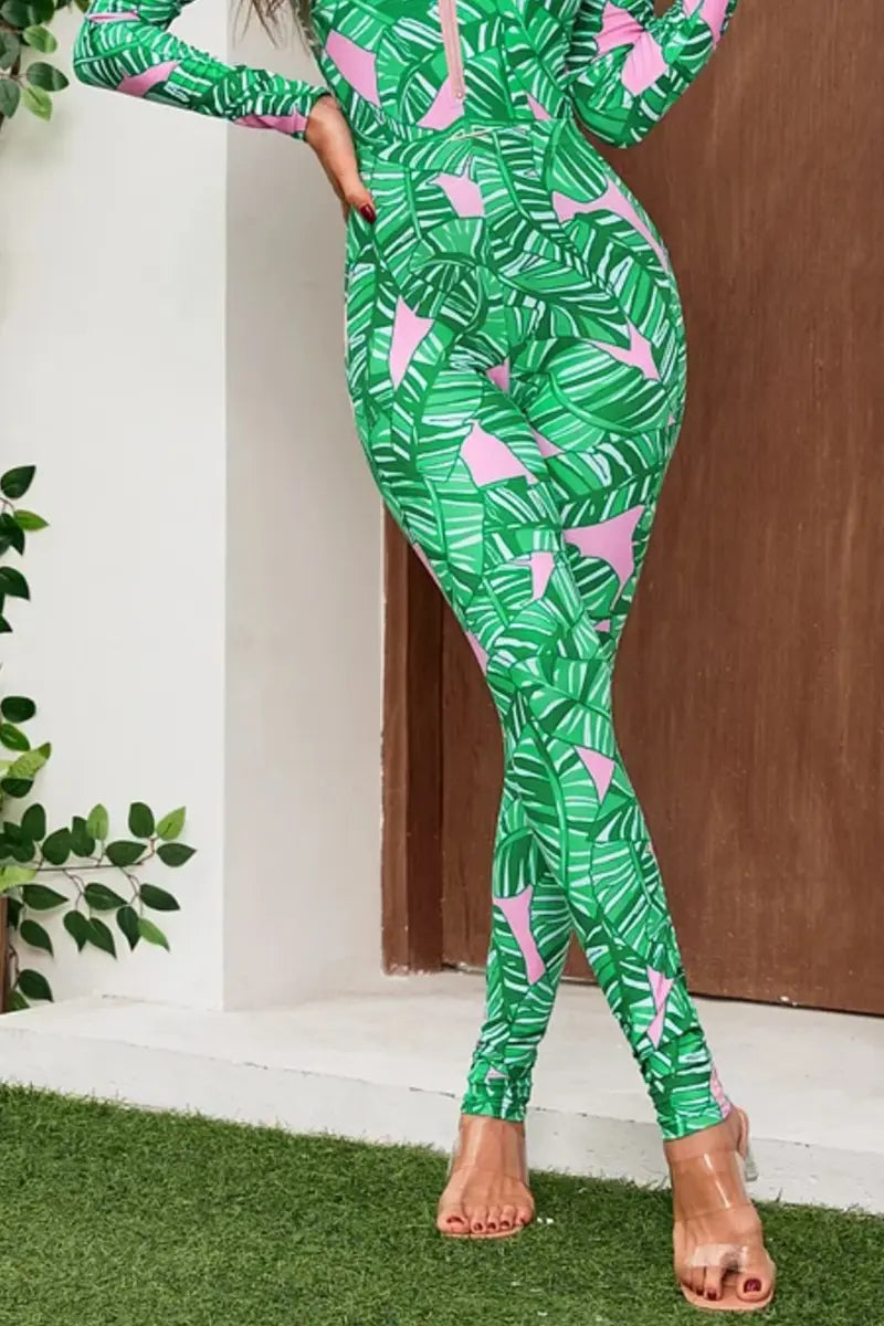Green Zip Long Sleeve Patterned Surf Swimwear Set