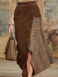 Retro Brown Corduroy Patchwork Plaid Skirt
