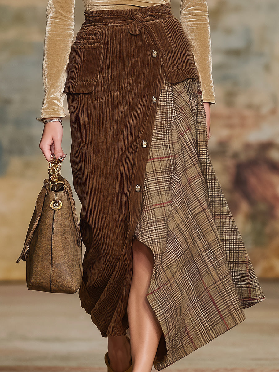 Retro Brown Corduroy Patchwork Plaid Skirt