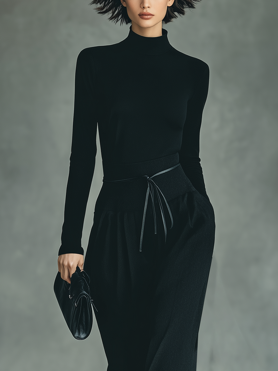 Coordinated Women's Black High-Stretch Knit Top And Cotton-Blended Skirt Set