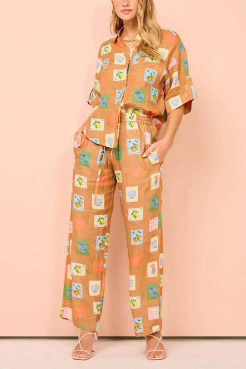 Loose Wide-Leg Trousers With Ethnic Botanical Flower Print-Set