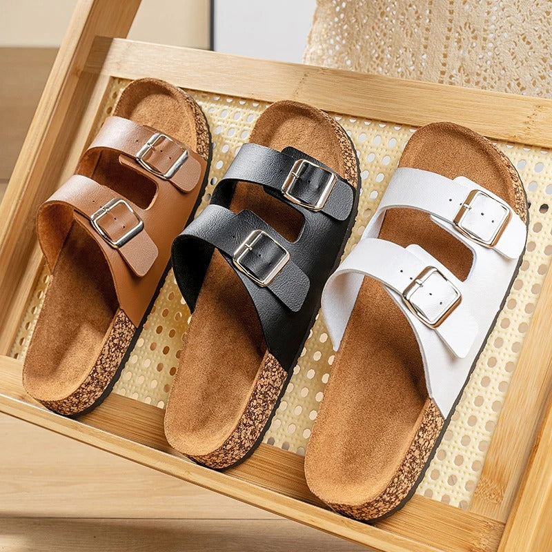 Suede Slides with Double Buckle Strap